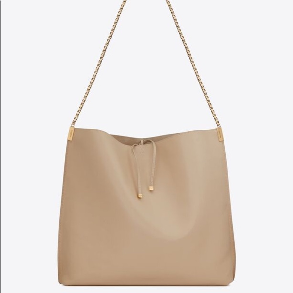 SAINT LAURENT YSL EUC Suzanne Medium Hobo Nude Natural Gold Box Chain Bag Purse